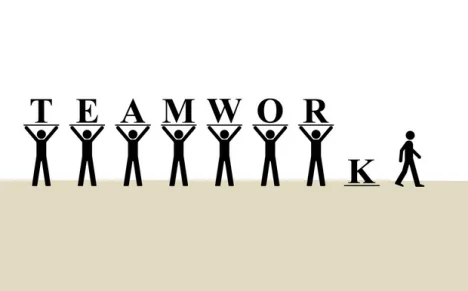 Illustration of figures spelling TEAMWORK, with one figure walking away