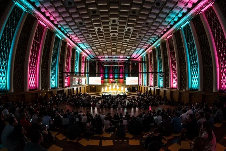 The main hall at Tech Open Air, Berlin 2017, seen from the back of the audience